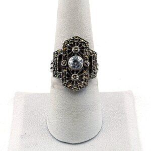 Estate Sterling Silver 925 Marcasite Art Deco Ring Size 8 w/ Clear CZ Stone